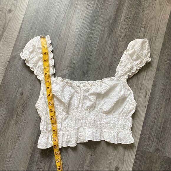 H&M Puff Sleeve Top White Large Ruffle Smocked Elastic Stretch - Picture 10 of 12